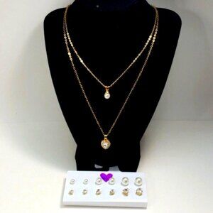 Gold tone Layered Necklace & Stud Earrings - Faux Pearl & Heart Crystal Pendant